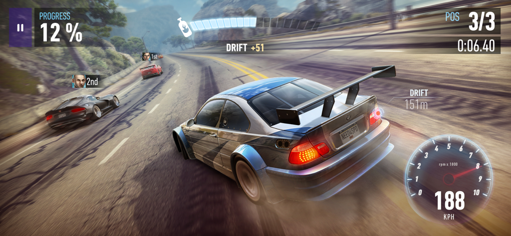 A blue BMW drifting during a street race in Need for Speed No Limits