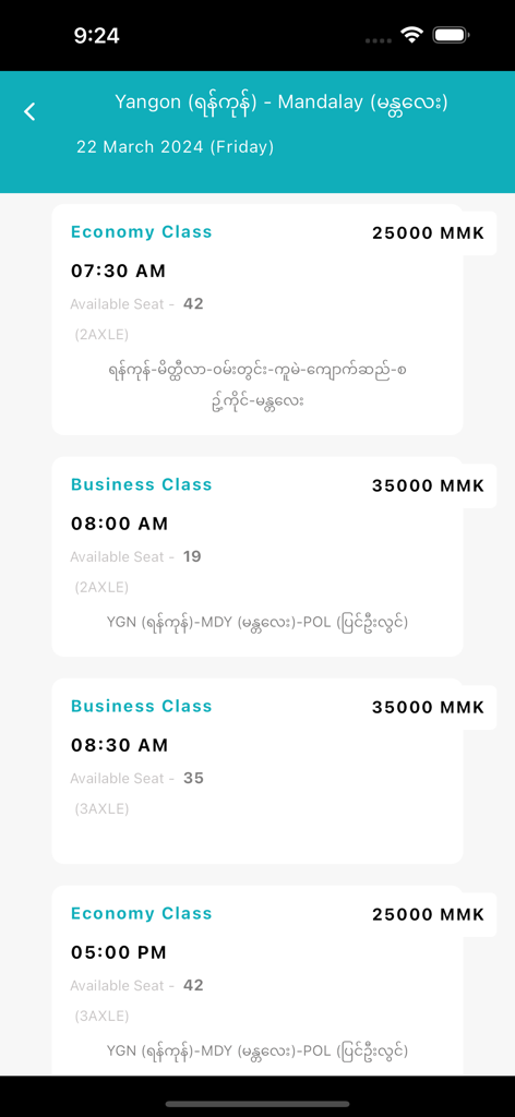Elite Express - Pantalla de la aplicación Elite Express que muestra los horarios de billetes de autobús de Yangon a Mandalay con precios y clases