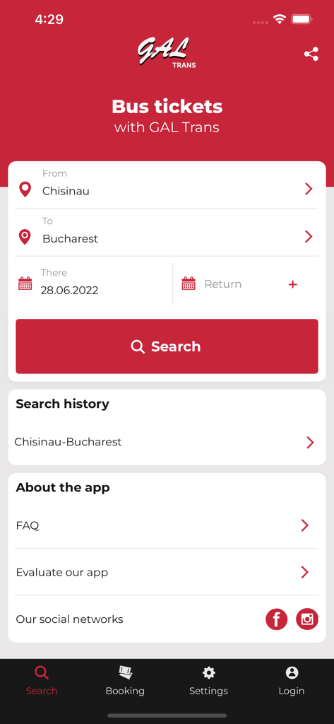 GAL Trans mobile app interface showing the bus ticket search screen for travel between Chisinau and Bucharest