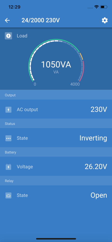 VictronConnect - Interfaccia dell'app mobile VictronConnect che mostra il carico dell'inverter in tempo reale e i dati di tensione della batteria