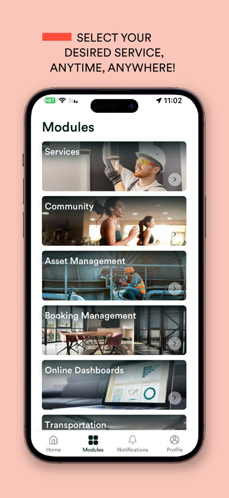 Appgrade by ServicesApp - iPhone screen showing the modular menu of Appgrade property management app with options for services and asset management