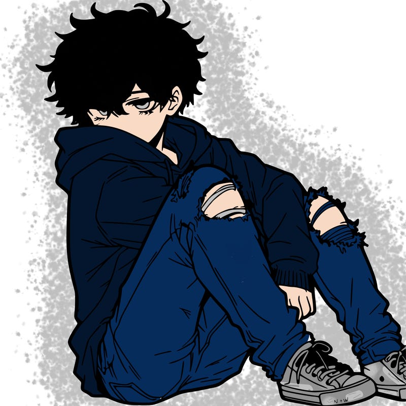 a male hoddie ripped jeans messy hair anime