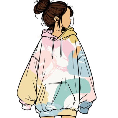 realistic girl with a oversized sweatshirt on and a bun