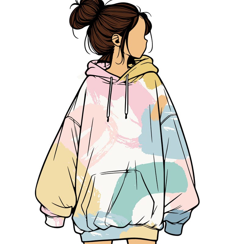 realistic girl with a oversized sweatshirt on and a bun