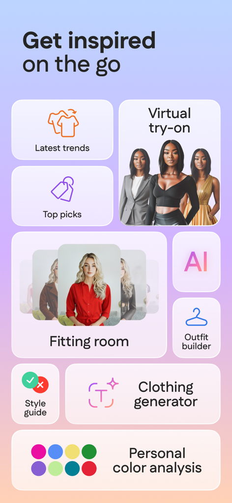 My Color Analysis・AI StyleLab - Dashboard showing AI fashion features like virtual try on fitting room and color analysis