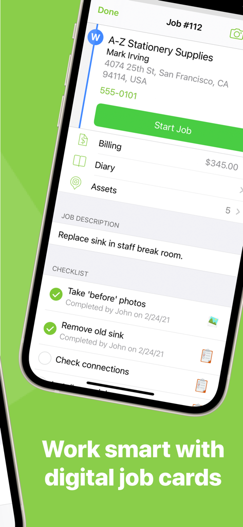 ServiceM8 - Field Service App - ServiceM8 mobile app showing a digital job card with task checklist and job details for a plumbing repair.