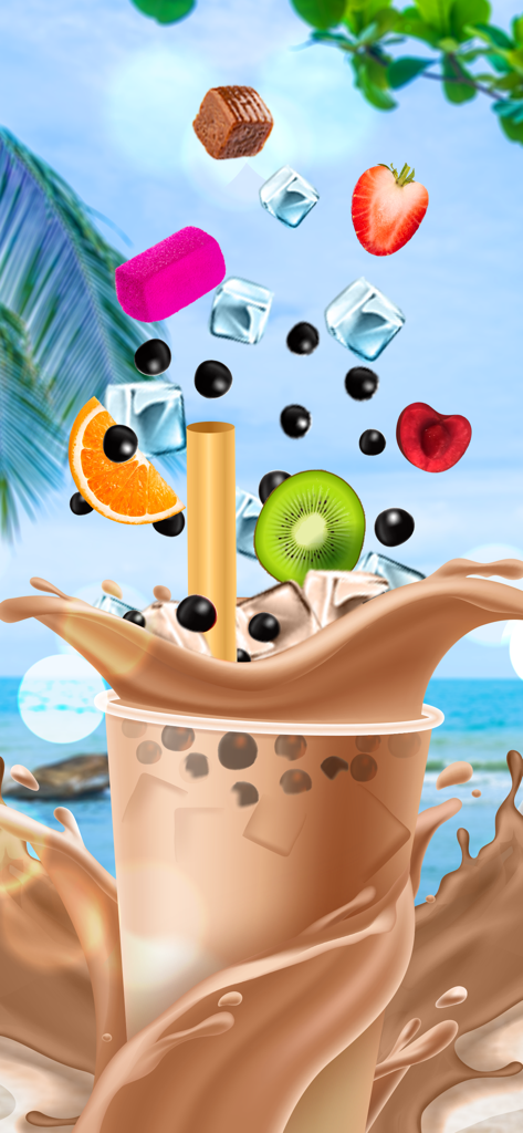 Boba Recipe DIY: Bubble Tea - A digital simulation of milk tea being prepared with falling ingredients like fruit, pearls, and ice against a tropical beach background.