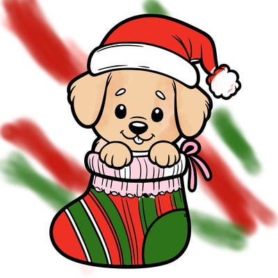 cute puppy wearing santa hat in socking