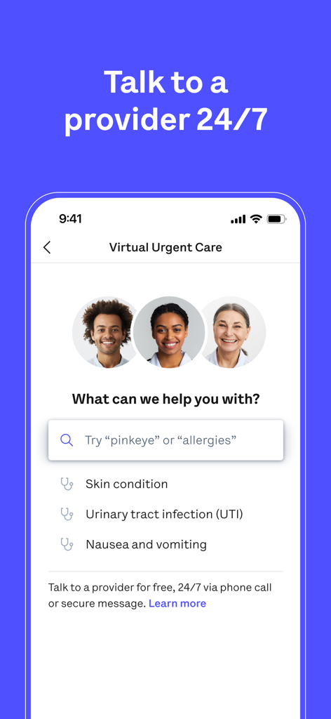 Interface do aplicativo Oscar Health para terapia urgente virtual com acesso 24/7 a profissionais médicos