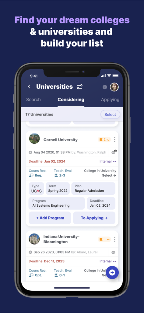 MaiaLearning - MaiaLearning app interface showing a list of considered universities with application deadlines and program details for a student