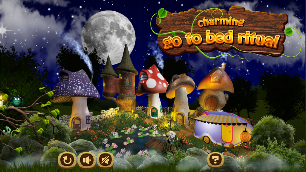 Enchanted night scene with mushroom houses and a full moon for a kids bedtime ritual