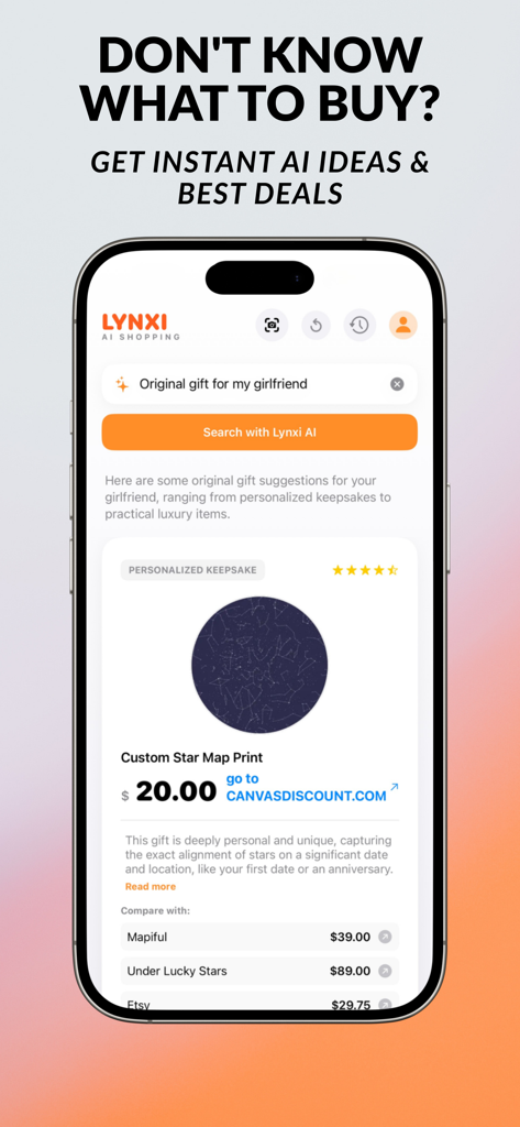 Lynxi: AI Shopping Assistant - Lynxi AI Shopping Assistant app interface showing gift suggestions and price comparisons for a custom star map print