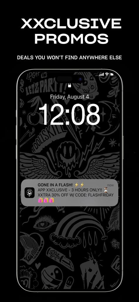 Dolls Kill - Notificación de la app Dolls Kill en la pantalla de bloqueo de un teléfono mostrando una oferta exclusiva de venta flash