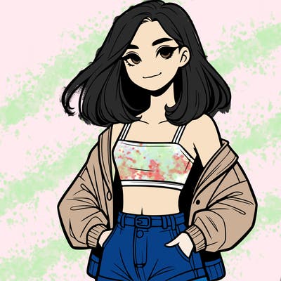 a realistic girl with a crop top and short shorts in an open jacket