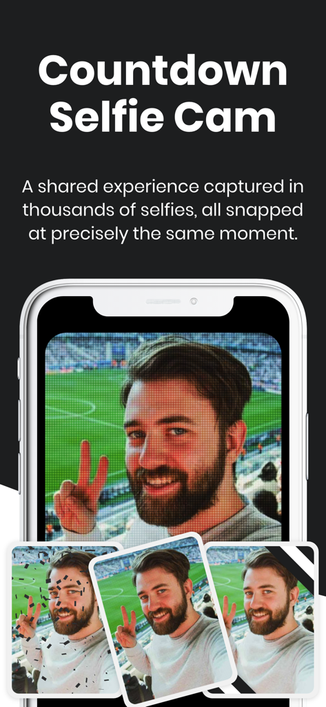 CrowdFX - CrowdFX app displaying the Countdown Selfie Cam feature at a sports stadium