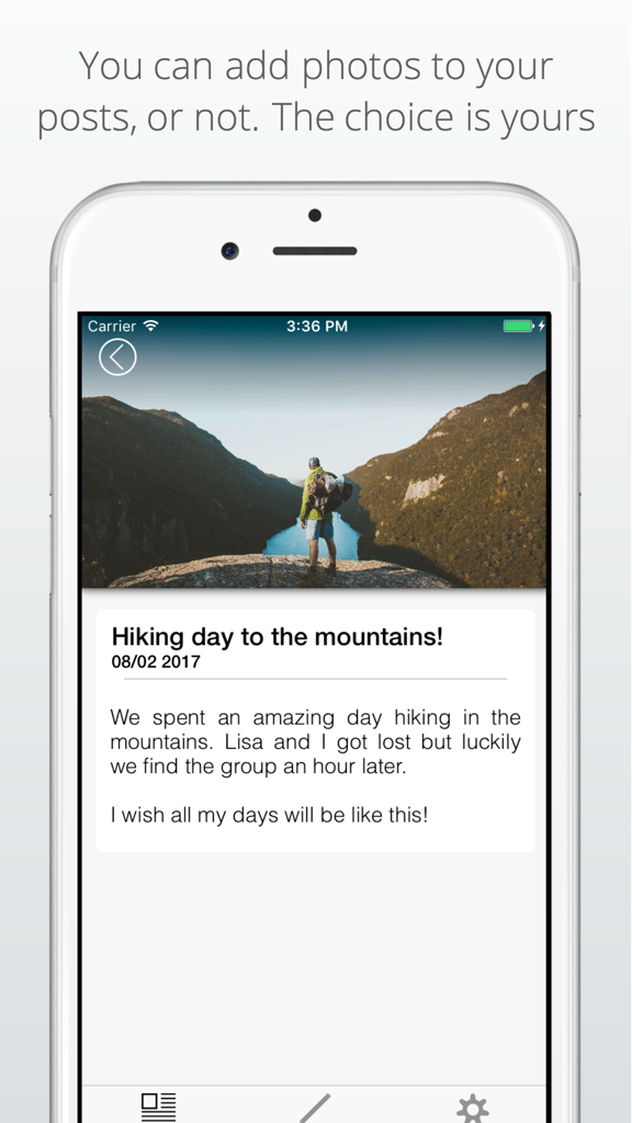 Una pantalla móvil que muestra una entrada de diario de la aplicación Diario Personal con una foto de senderismo de montaña y una descripción de texto.