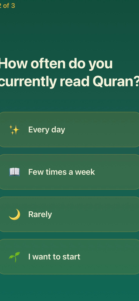 A setup screen in the Quran Unlock app asking the user how often they currently read the Quran with multiple choice options.