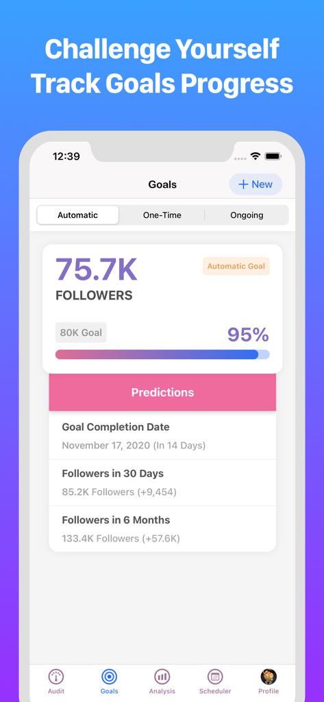 InsTrack app interface showing Instagram follower goals and growth progress