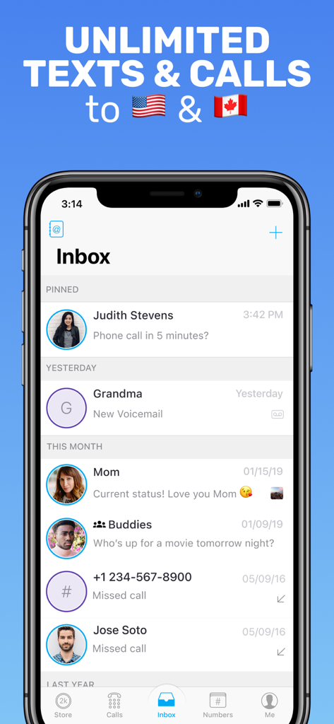 Inbox screen of the Text Me app showing messages and a banner for unlimited calls and texts to USA and Canada