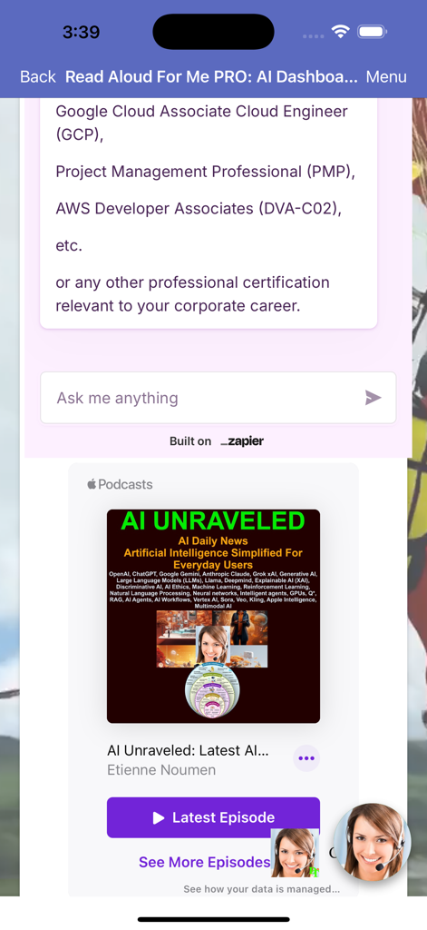Mobile screen of Read Aloud PRO showing AI chat interface and podcast card