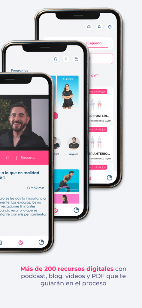 Mobile app screens showing fitness programs and digital resources for personal growth.