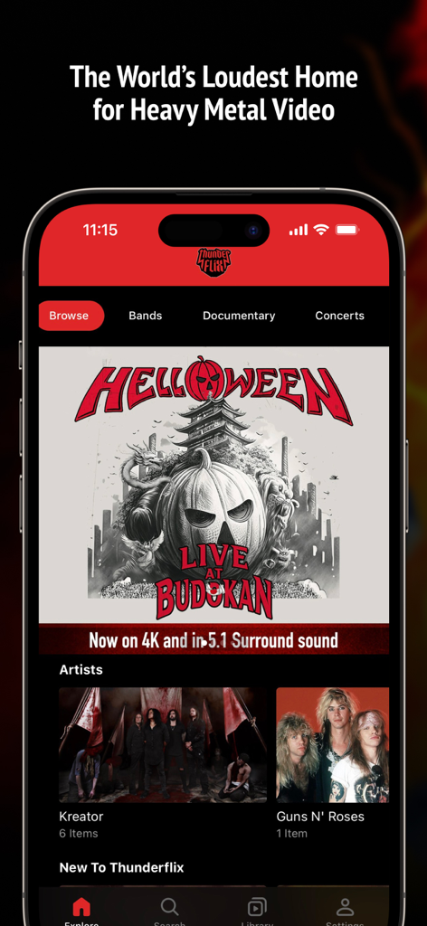Thunderflixモバイルアプリのホーム画面。ヘヴィメタルコンサートやドキュメンタリーを紹介しています。