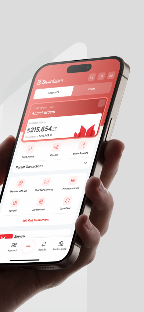 Ziraat Katılım - 口座残高と金融サービスを表示しているZiraat Katilimモバイルバンキングアプリのインターフェース