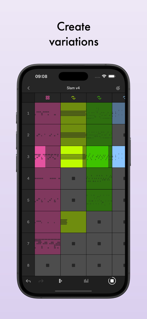 Ableton Note session view on iPhone showing a grid of colorful music clips for creating song variations