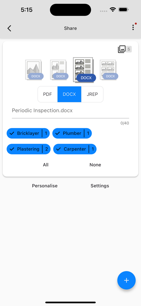 Report and Run - La pantalla de exportación de la aplicación Report and Run que muestra selecciones de formato de documento como PDF y DOCX junto con etiquetas de oficios de la construcción.