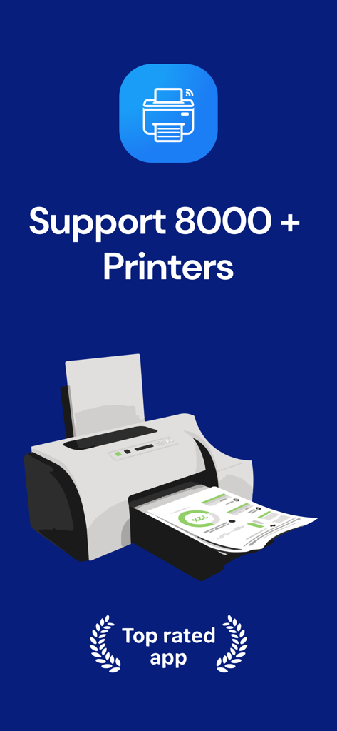 Smart Air Printer AI Scan PDF - Smart Air Printer app interface showing support for over 8000 printer models and top rated status