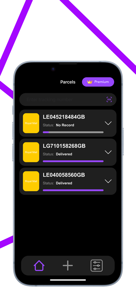 Package tracker for Fedex,UPS - Lista de paquetes rastreados en la aplicación Track Parcel que muestra el estado de entrega de Royal Mail.