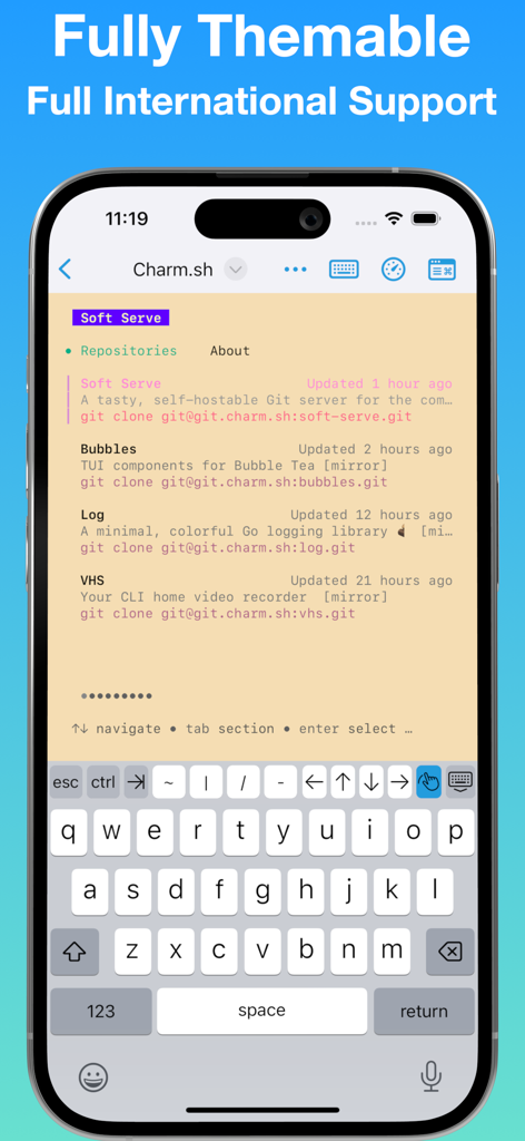 La interfaz del cliente SSH La Terminal con un tema de color personalizado y teclado de desarrollador móvil.