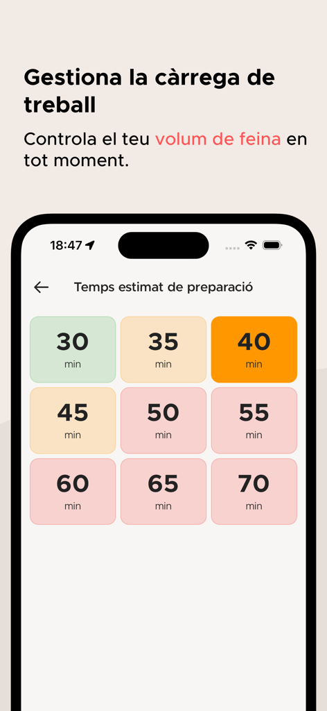 Interfaccia dell'app CityXerpa Partner che mostra opzioni selezionabili per impostare i tempi di preparazione stimati per gestire il carico di lavoro aziendale.