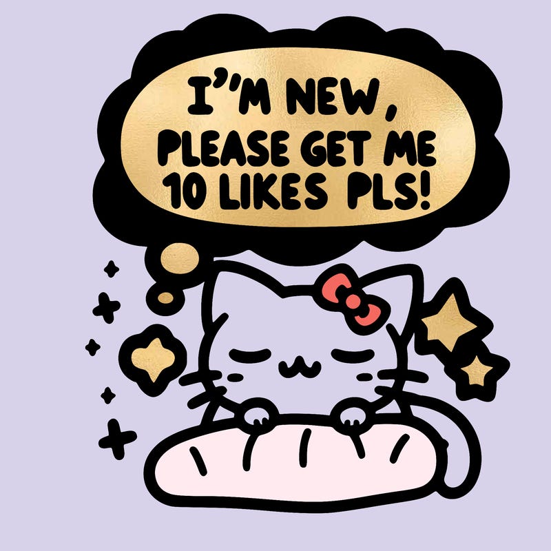 kitty taking a nap dream talking and saying "i'm new, please get me at least 10 likes pls!!"