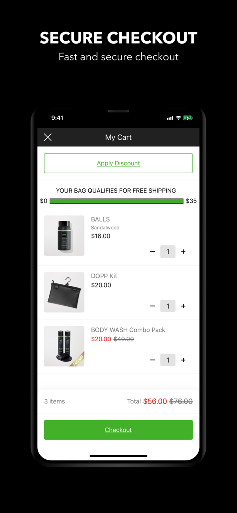 Tiege Hanley - Tiege Hanley Mobile App Warenkorb-Bildschirm mit Pflegeprodukten und sicherem Checkout