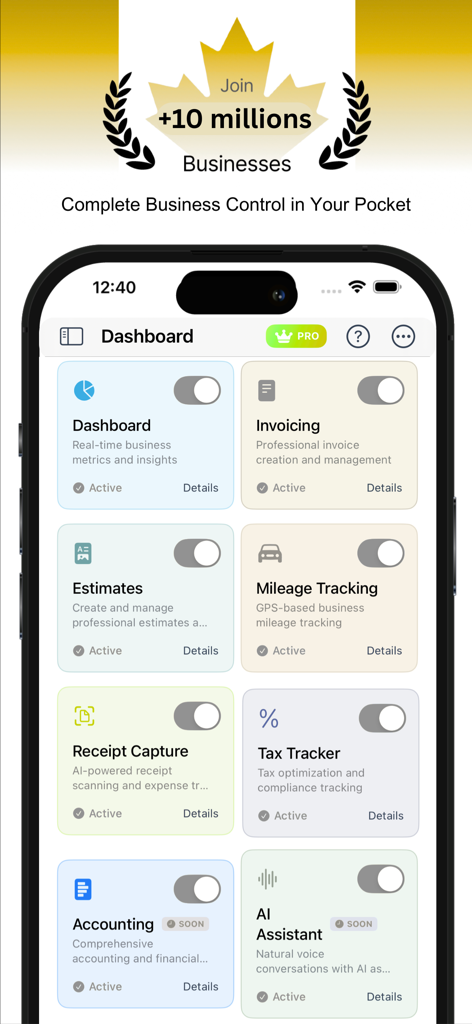 Invoice Manager - Invoice Manager app dashboard showing business management tools on a mobile screen