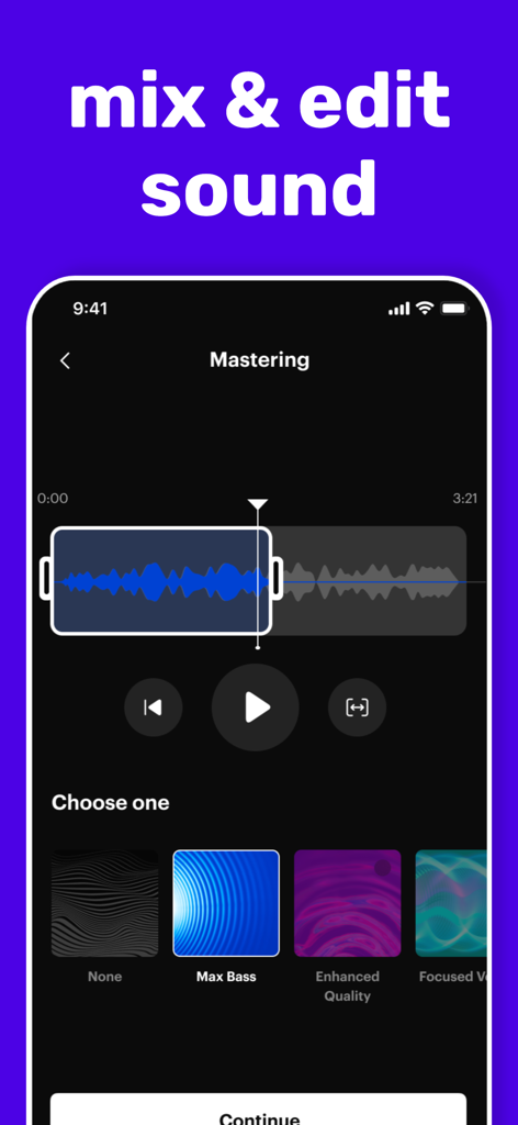 Max Bassのようなプリセットを備えたサウンドのミキシングと編集のためのRapchatモバイルアプリのマスタリング画面。