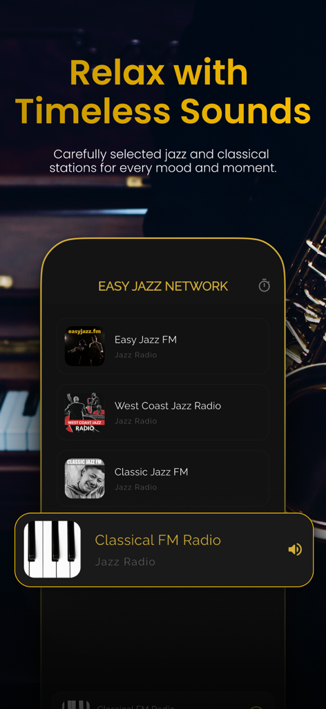 Easy Jazz Network - Easy Jazz Network mobile app interface showing a list of curated jazz and classical radio stations