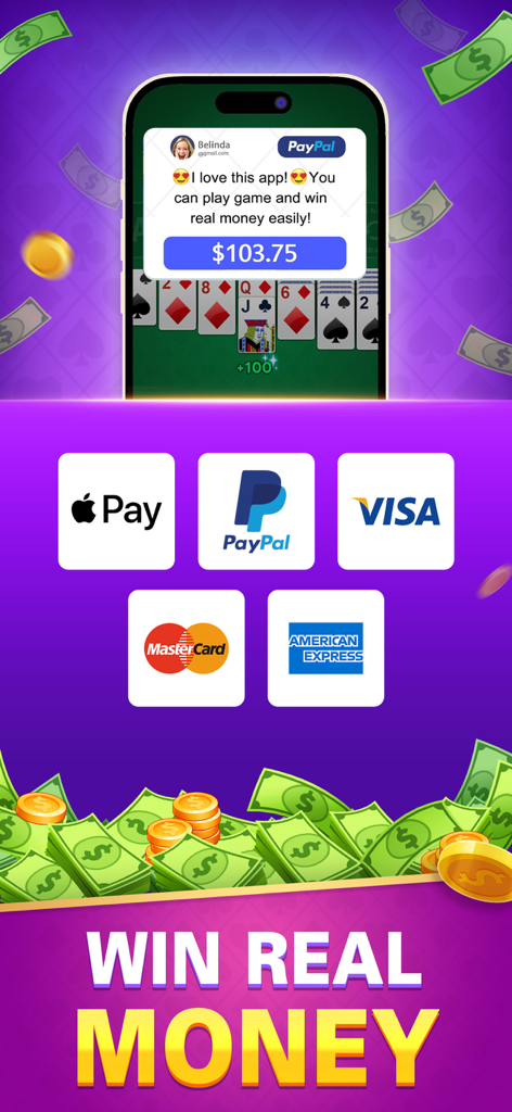 Solitaire Win Cash: Real Money - Promotional screen for Solitaire Win Cash showing secure payment options like Apple Pay and PayPal with a Win Real Money title