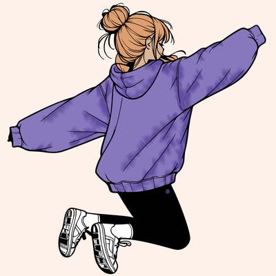 realistic girl jumping with a bun and oversized sweatshirt