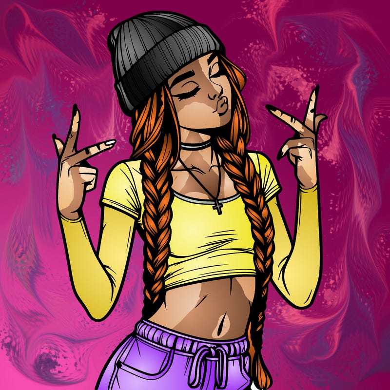 realistic teenage girl with braids and a beanie and crop top doing 🫶🏼