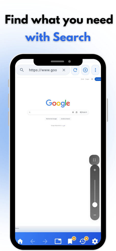 Desktop Browser App zeigt eine Desktop-Suchseite auf einem mobilen Gerät