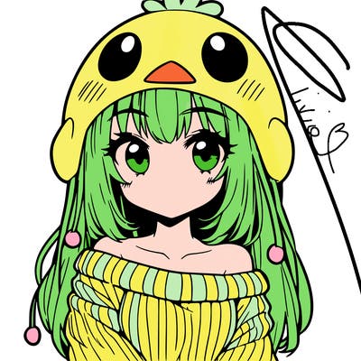 anime girl with chick shaped hat with sweater with bare shoulders with bangs covering them one eye with low tail