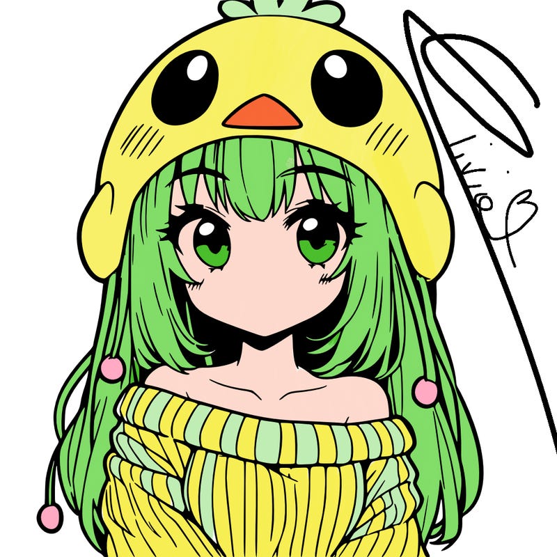 anime girl with chick shaped hat with sweater with bare shoulders with bangs covering them one eye with low tail