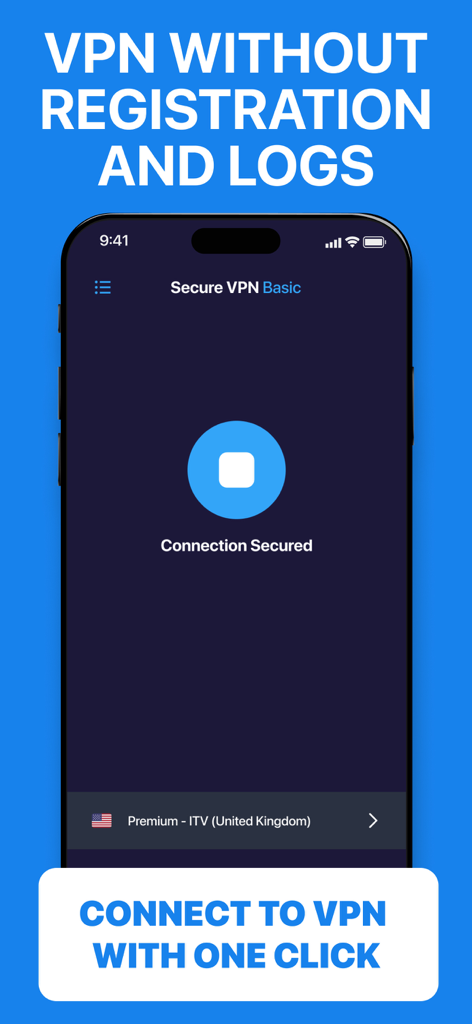 Secure VPN app interface showing a secured connection status and one click connection button