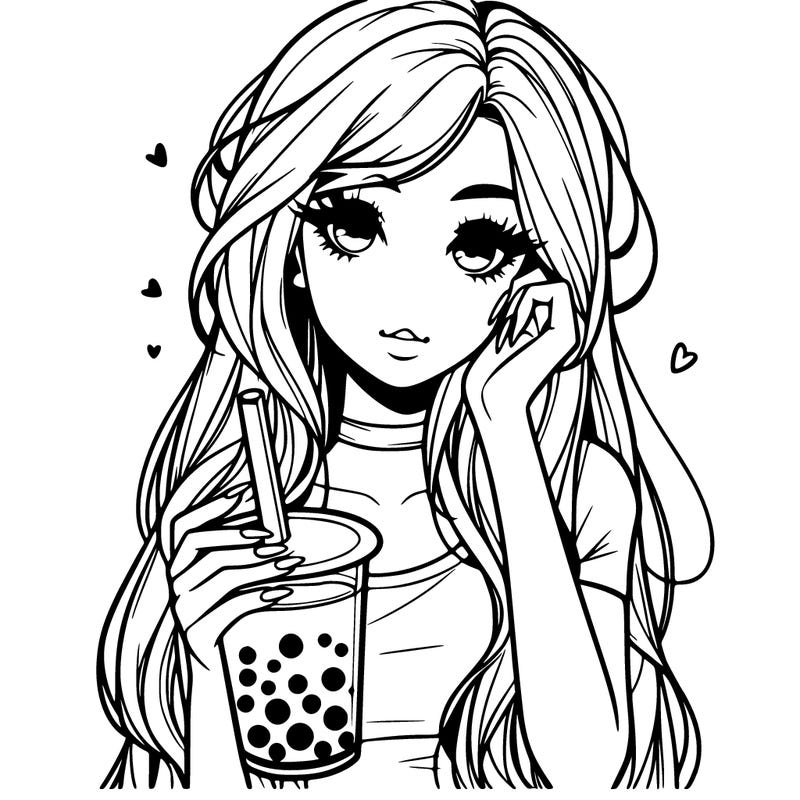 realistic girl with long hair drinking boba tea