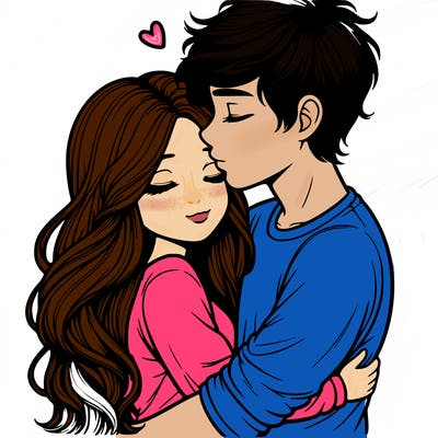 a realistic couple boy and girl hugging and kissing