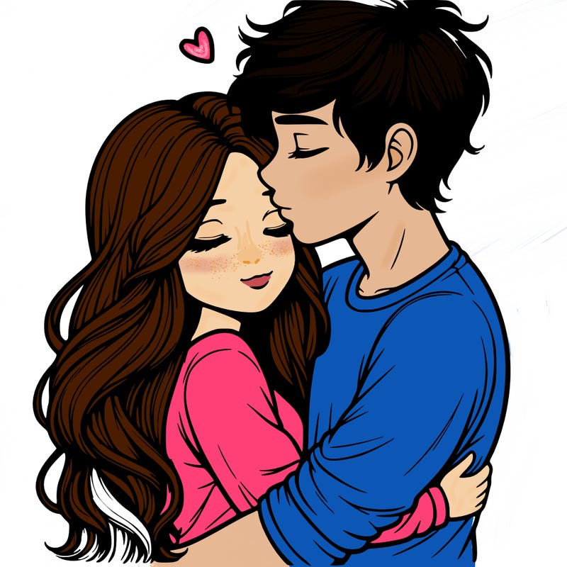 a realistic couple boy and girl hugging and kissing
