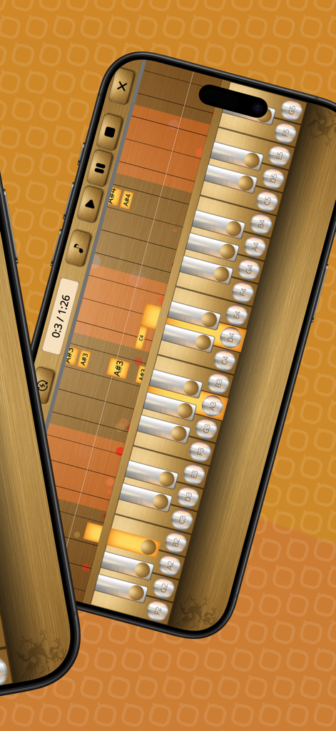 Saxophone Sim - Smartphone screen showing the virtual saxophone keys and recording timeline of the Saxophone Sim app.