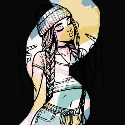 realistic teenage girl with braids and a beanie and crop top doing 🫶🏼